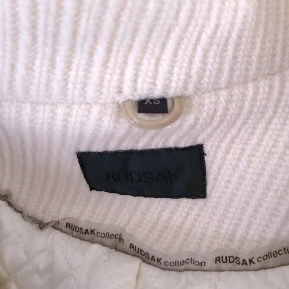 RUDSAK Ivory Designer Wool Leather Button Up Long Trench Coat Size XS - Picture 9 of 12